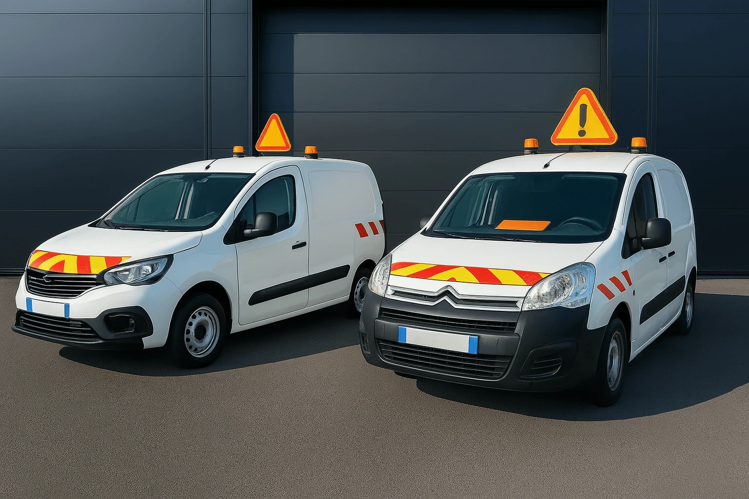 2 véhicules utilitaires avec des signalement utilitaire bande + gyrophare
